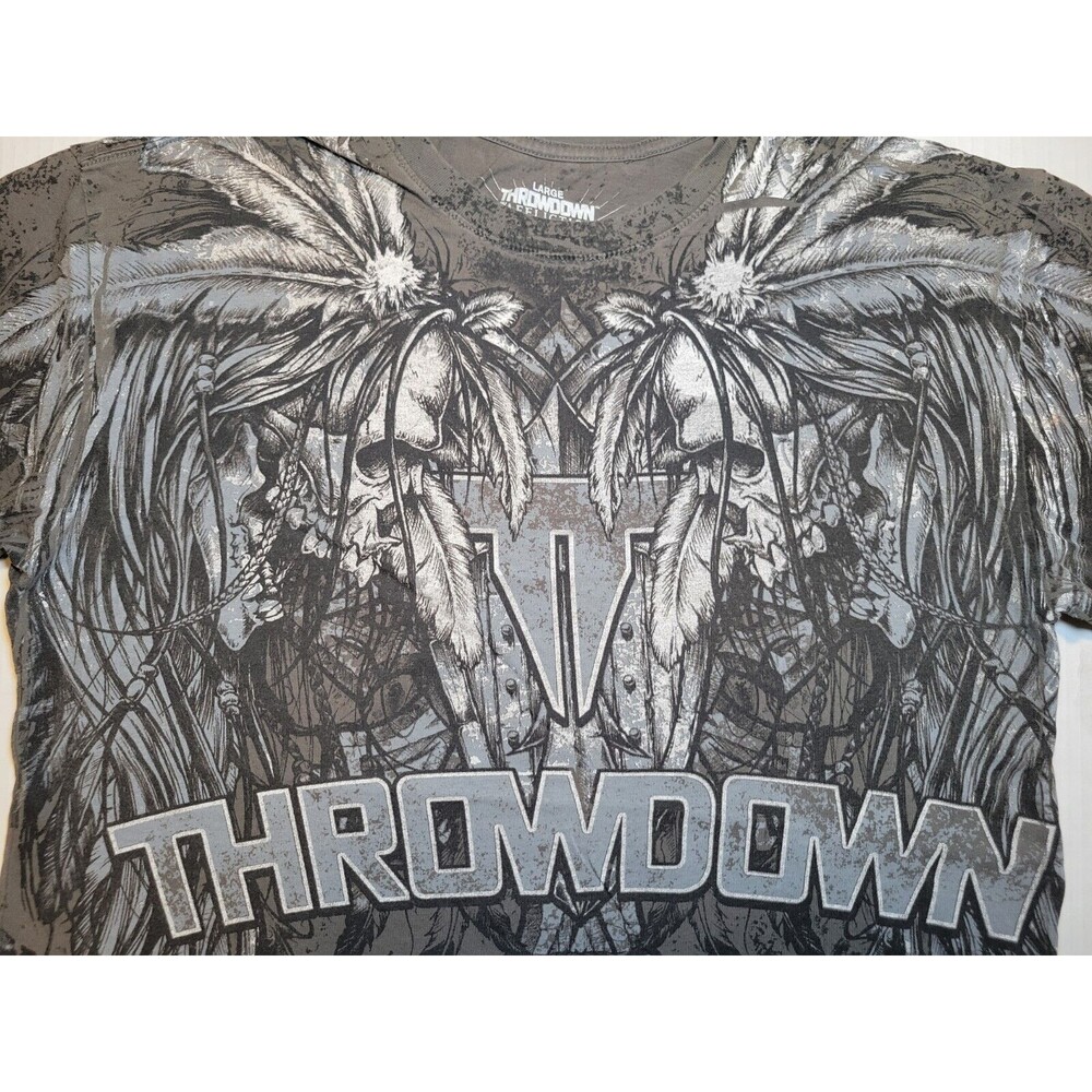 Throwdown Premium Double Skull Aztec Feathered Headdress AOP Mens L Logo Cross - Picture 2 of 6